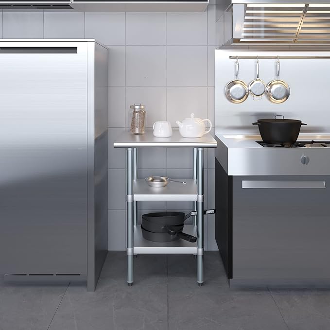 AmGood Stainless Steel Work Table with 2 Shelves | NSF | Metal Utility Table (24" Long x 24" Deep)