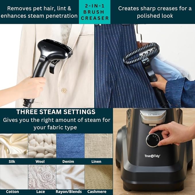 True & Tidy® Heavy-Duty Industrial Standing Garment Steamer for Clothes, 1800 watts, Extra Large 3L water tank 90+ mins of Steam Time (Matte Black, Smart Auto-Off Commercial Garment Steamer)