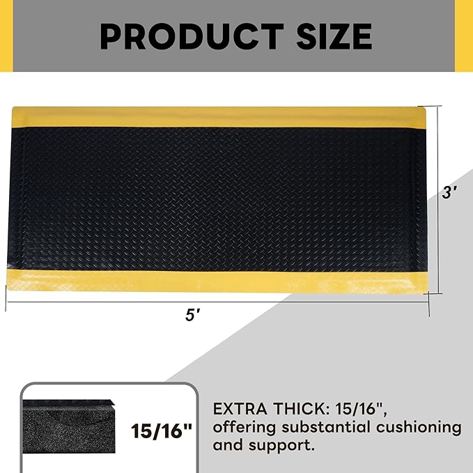 Nisorpa Anti Fatigue Mats Industrial 3' x 5' Ergonomic Standing Mat 15/16" Extra Thick Cushioned Shop Floor Mats Kitchen Mats Heavy Duty Commercial Diamond Plate Support for Leg & Back Pain
