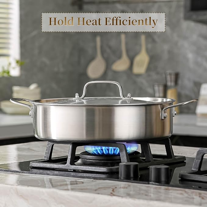 DELARLO 7Quart Tri-Ply Stainless Steel Non Stick Braiser Pan with Lid,Deep Frying Pan,Large Induction Skillet,Jumbo Cooker,Heavy Duty and Oven Safe.Large Saute Pan,Dishwasher and Oven Safe to 550℉
