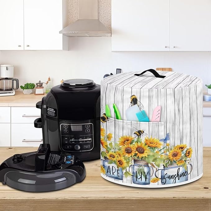 Insulated Pressure Cooker Appliance Cover, Also Fit for Rice Cooker, Air Fryer and Crock Pot, 3 Quart Dust Cover with Pocket for Spoon/Cooking Utensils/Recipes, Washable, Sunflower Vase Bee