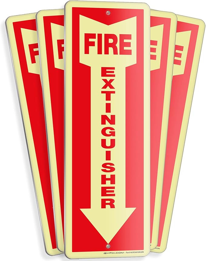 iSYFIX Fire Extinguisher Glow in the Dark Aluminum Signs – 5 Pack 4x12 Inch – Photoluminescent, Laminated for Ultimate UV and Fade Resistance, Indoor and Outdoor, for Business, Schools, Hospitals,