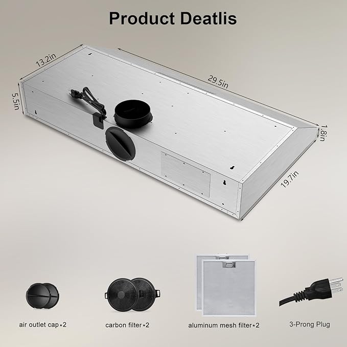 Range Hood 30 Inch Under Cabinet, 600 CFM Ducted/Ductless Vent Hood for Kitchen, Stove Vent with Bright LED Lights, Reusable Filters and 3 Speed Exhaust Fan