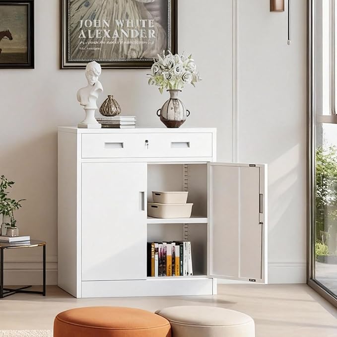 CJF Metal Storage Cabinet, Locking Storage Cabinet with Doors and 1 Drawer, 36" H x 28" W x 16" D Metal Cabinets for Office/Home/Garage -White