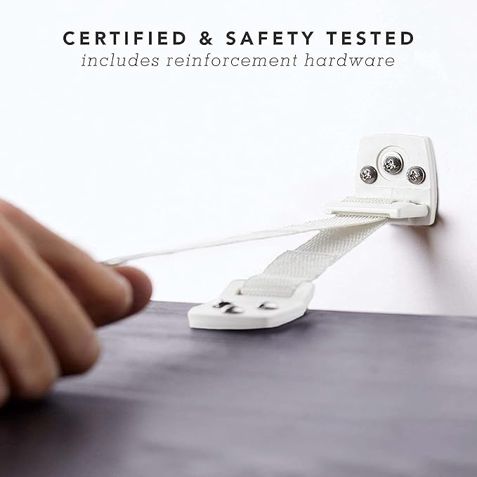 Bébé Earth Furniture Straps - Anti Tip Strap for Baby Proofing & Child Safety - 8 Pack of Adjustable TV & Wall Straps - Fixings to Anchor Shelves & Cabinets - White