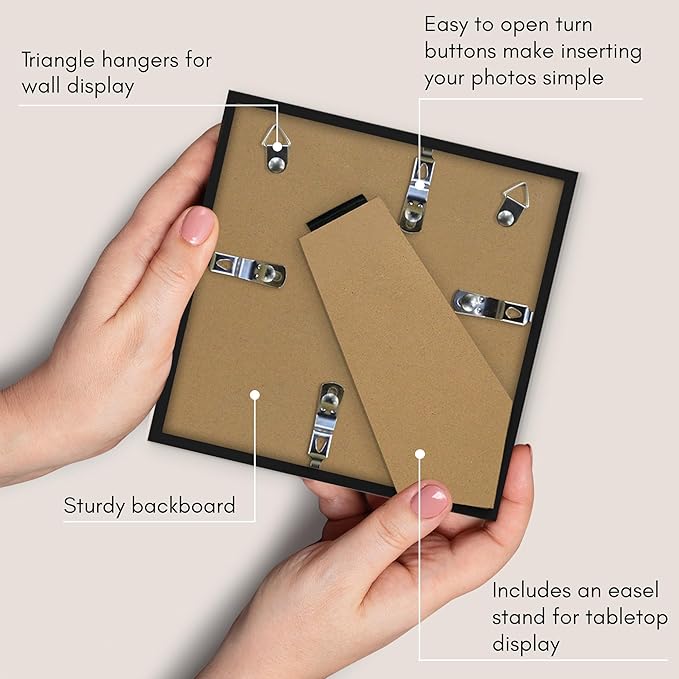 Americanflat 6x6 Picture Frame with Shatter-Resistant Glass - Streamline Collection - Thin Border Square Frame for Tabletop and Wall Display - Hanging Hardware and Easel Stand Included - Black