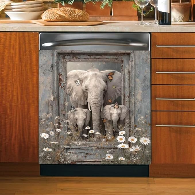 Elephant Dishwasher Magnet Cover - Kithcen Decorative Dishwasher Cover Front Door Panel Decal, Farm Wood Flower Refrigerator Magnet Fridge Sticker, Elephant Gifts for Women, 23x17 Inch
