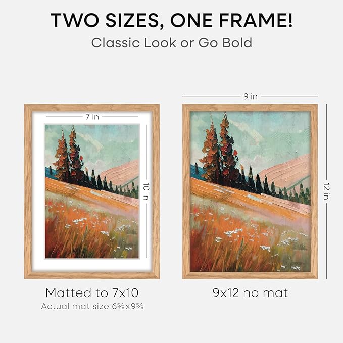 Homeforia 9x12 Picture Frame Wood, High End Natural Oak 9 x 12 Light Wooden Frames with Mat 7 by 10 Photo, 9by12 Frame Matted to 7x10 Print, Wall or Tabletop Frames, Tempered Glass, Wall Kit, Set of 2