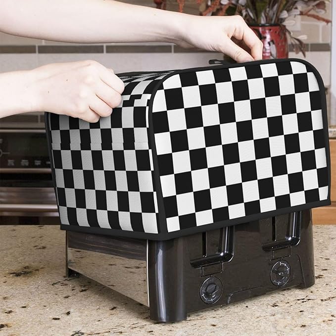 Black White Checkered 4 Slice Toaster Cover, Waterproof Toaster Dust Cover Bread Maker Protective Cover For Small Kitchen Appliance Dining Room Table Home Decor Gifts