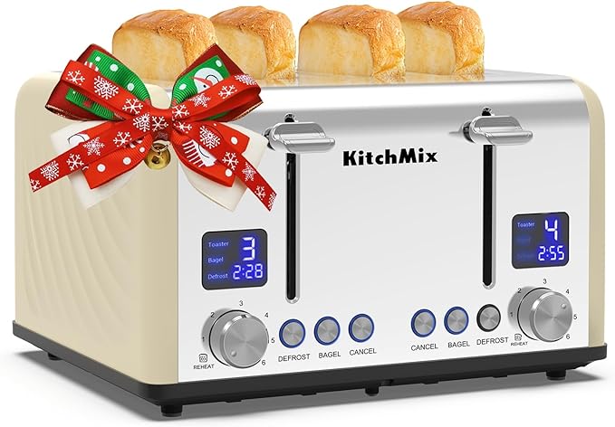 Toaster 4 Slice, KitchMix Bagel Stainless Toaster with LCD Timer, Extra Wide Slots, Dual Screen, Removal Crumb Tray (Cream)
