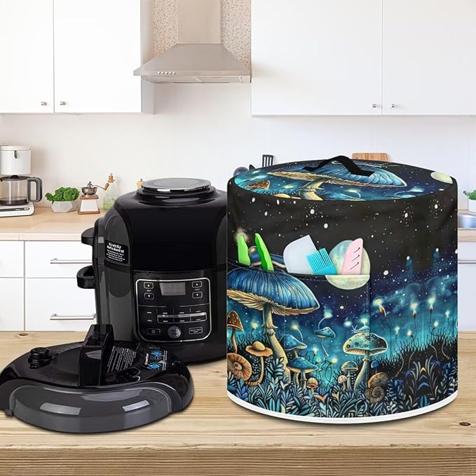Flashideas Blue Mushroom Pressure Cooker Cover for Women Dust Protection Insulated Rice Cooker Cover Water Resistant Dust Cover with Pockets for Instant Pot 6 Quart Vintage Appliance Cover for Kitchen
