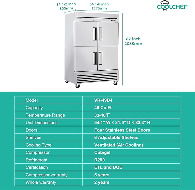 COOLCHEF 54" Commercial Refrigerator 49 Cu.Ft, Stainless Steel 4-Door Reach-in Fridge, 33–40℉, Air Cooling, LED Light, 6 Shelves, R290, ETL