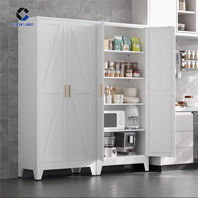 COFaR 71'' Tall Metal Pantry Cabinet, Kitchen Storage Cabinet with Doors and Shelves, Freestanding Farmhouse Food Cupboard for Kitchen Dinning Room Garage, White 5-Tier