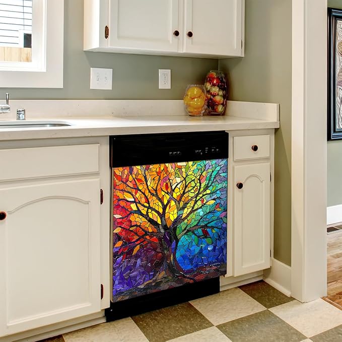 Dishwasher Magnet Cover Abstract Rainbow Tree of Life Front Dishwasher Cover Decoration Reusable Magnetic Door Cover Panel Decal Home Appliances Stickers Kitchen Refrigerator Fridge 23"x26"