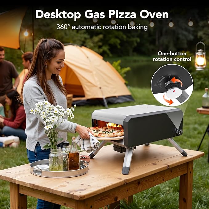Pizza Oven, with 14" Pizza Stone and Legs,Automatic Rotation Function Outdoor Gas Pizza Ove, Carbon Steel Material,Maximum Temperature of 700°F, for Camping, Parties and Backyard Barbecues,Outdoor