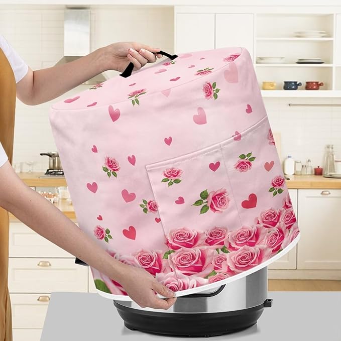 Pressure Cooker Cover for Women,Pink Rose Print Dust-proof Cover for Rice Cooker Air Fryer Kitchen Appliance Covers with Top Handle and Pocket Home Kitchen Decor Gifts for Friends