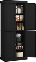 HOMCOM 72.5" Tall Kitchen Pantry Cabinet, Freestanding Modern Farmhouse Kitchen Storage Cabinet with 4 Doors and 2 Adjustable Shelves for Dining Room, Black Wood Grain