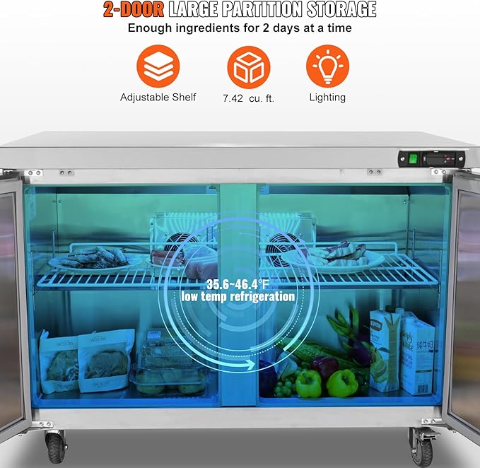 VEVOR Commercial Refrigerator, 48" Worktop Undercounter Refrigerator, 12.85 Cu. Ft Thick Stainless Steel Refrigerated Food Prep Station, 2 Door Worktop Fridge with lock for Restaurant, Bar, Diner