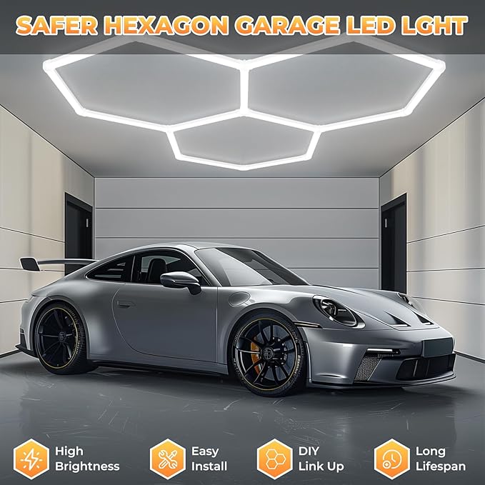 Hexagon Led Lights, 3-Level Dimmable Hexagon Garage Lights, 128W 6500K 14080LM Upgraded Honeycomb Lights for Gym Lighting, Car Detailing, Workshop, Basement, Barber