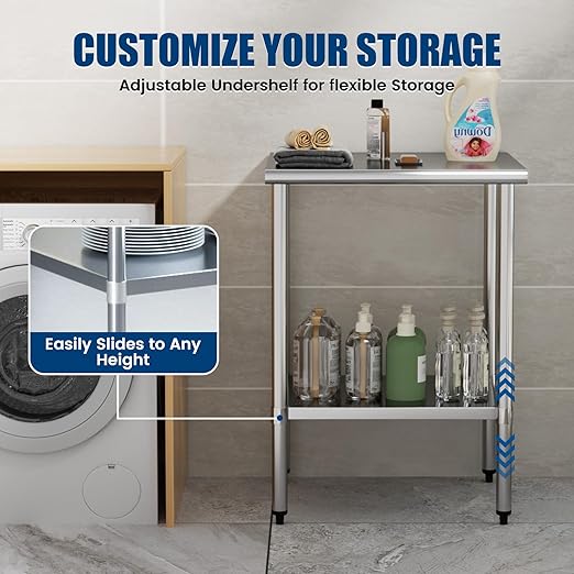 Stainless Steel Work Table 24 x 24 Inch with Adjustable Undershelf, Heavy-Duty Metal Prep Table for Commercial Kitchen & Restaurant, Garage, Outdoor
