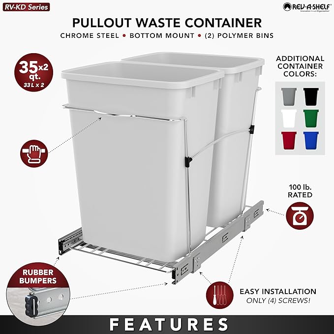 Rev-A-Shelf RV-18KD-1618C-S Double Pullout Trash Can for Kitchen Cabinets 35 Qt Garbage Recycling Bin on Full Extension Slides, Red/Black