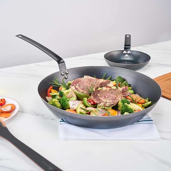 Restaurantware-Met Lux 16 Inch Fry Pans, 6 Lightweight Frying Pans - Induction-Ready, Triple-Riveted, Black Carbon Steel Cooking Skillets, Durable, For Searing, Sauteing, And Browning Food
