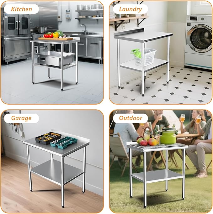 ROVSUN 30'' x 24'' Stainless Steel Table for Prep & Work,Commercial Worktables & Workstations, NSF Heavy Dut Metal Table with Adjustable UnderShelf & Backsplash for Kitchen, Restaurant,Home,Hotel
