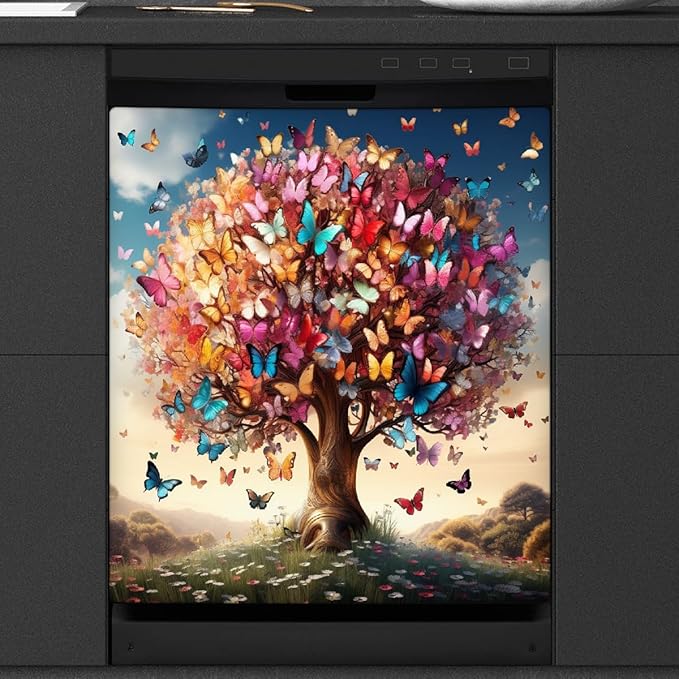 Spring Butterfly Tree Dishwasher Magnet Cover Animal Tree Butterfly Dishwasher Decorative Cover Front Dishwasher Door Cover Reuseable Dishwasher Cover for Kitchen Home Appliances 23" X 26"