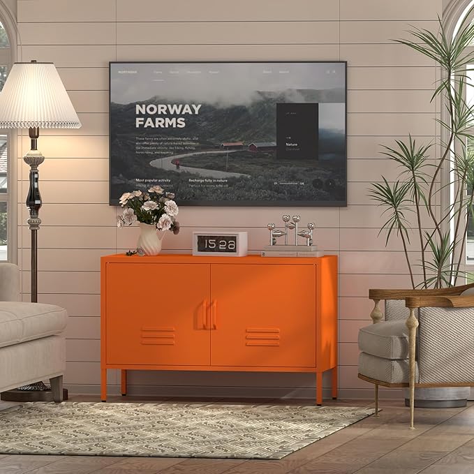 Locker Cabinet,Metal Storage Cabinet with 2 Doors,Morden TV Stand for Living Room,Bedroom,Orange