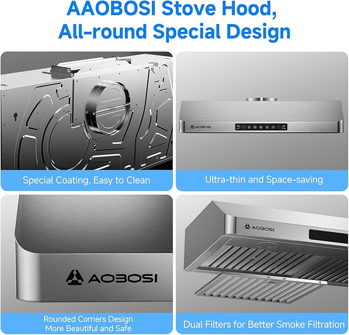 AAOBOSI Range Hood 30 inch Under Cabinet,800-CFM Gesture Sensing/Touch Control/Motor Upgrade Low Noise,3 Speed Range Hood with LED Lights Exhaust Fan, Stainless Steel Kitchen Vent Hood