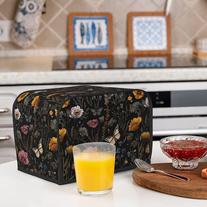 2 Slice Toaster Cover for Kitchen Flower Vintage Butterfly Botanical Waterproof Dustproof Toaster Dust Cover with Side Pockets Decorative Universal Cover for Wide Slot Toasters Small Appliances