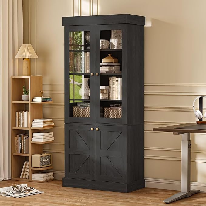 Vyre 71" Tall Farmhouse Kitchen Pantry, Large Storage Cabinets with Glass Doors, Adjustable Shelves, Wood Versatile Hutch Cabinet for Living Room, Dining Room, Kitchen, Black