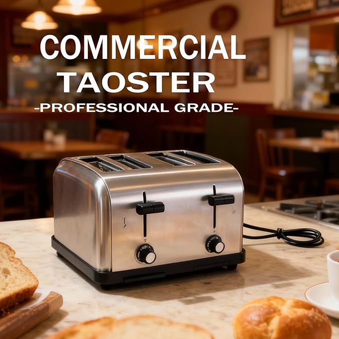 1800W Commercial Grade 4-Slice Pop Up Toaster -Stainless Steel 6-Browning Settings for Bread with Removable Crumb Tray for Bagel Bread English Muffins, Waffles (Commercial & Home Use)