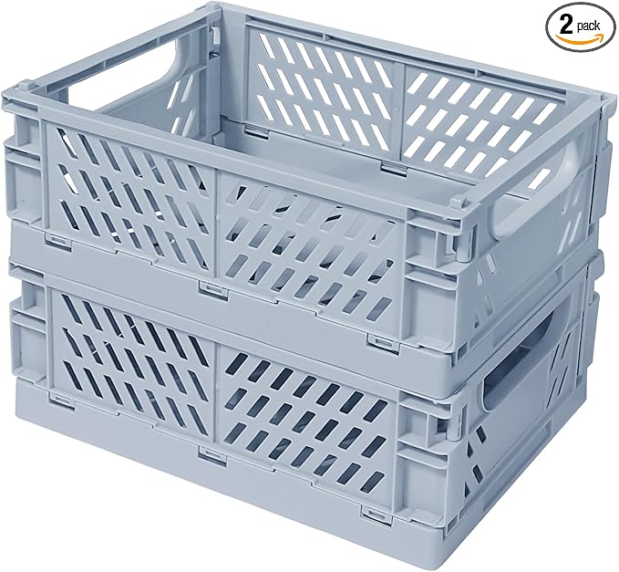 Small Pastel Plastic Storage Bins 2Pcs Foldable Pastel Crates Plastic Basket Colorful Storage Containers Baskets for Classroom Kitchen Office Bedroom Desktop Home Decor (Blue 5.8" x 3.8" x 2.2")