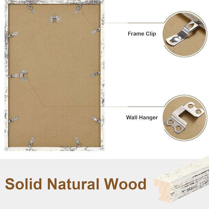 Vittanly 11x17 Picture Frame Set of 2, Solid Wood Frame for Wall Art Photo and Prints, Display Photo 8x12 with Mat or 11x17 without Mat, Distressed White