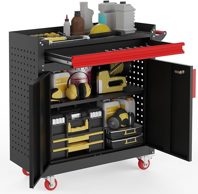 Rolling Garage Cabinets, Garage Storage Cabinet with Wheels and Workbench, Metal Cabinet with Doors and Shelf, Lockable Metal Storage Cabinets, for Home,Garages, Repair Stores, Warehouses