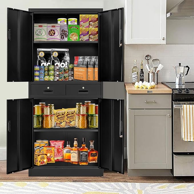 BESFUR Metal Storage Cabinet with 2 Drawers and Adjustable Shelves, 71" H Locking Storage Cabinet for Office, Garage, Home, School, Utility -Black