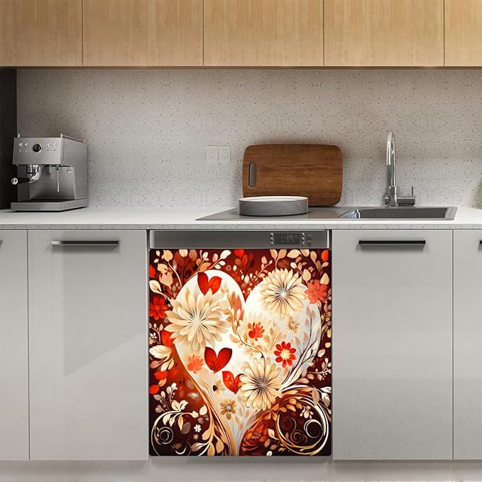 Valentine's Day Love Flowers Dishwasher Magnet Cover, Reusable Refrigerator Panel Stickers Microwave Front Door Covers Magnets for Kitchen Home Appliances Holiday Party Decorations 23 X 26 in