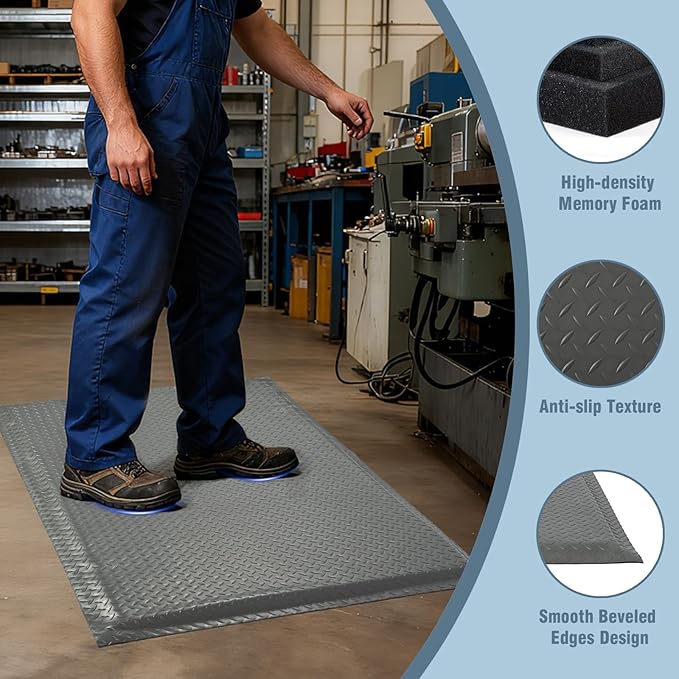 Anti Fatigue Mats Industrial 3' x 5' 15/16" Thick Ergonomic Standing Mat Commercial Kitchen Mat Heavy Duty Diamond Plate Cushioned Shop Floor Mats Helps Relieve Back and Leg Soreness, Grey