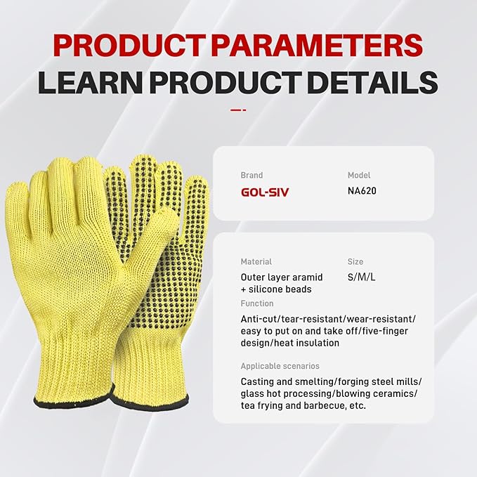 Heat Cut Resistant Gloves,Aramid leather Oven Gloves with Fingers,Heat Resistant Up to 550°F, Thick Knit Grill Mitts (silicone beads, Small)