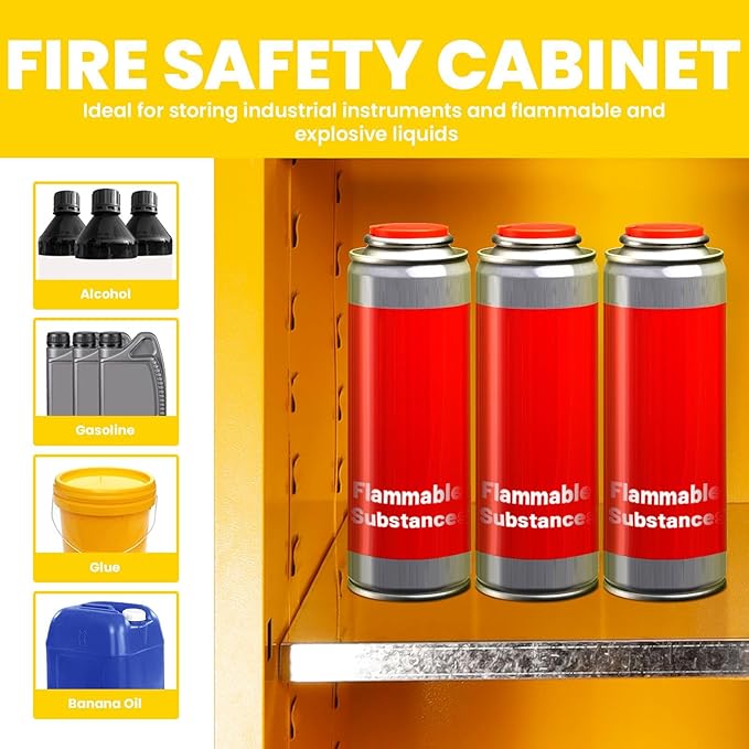 Flammable Storage Cabinet 60 Gallon Yellow, Galvanized Steel Large-Capacity Hazardous Storage Cabinet, Dual Vents & 3-Point Lock for Warehouses, Industrial Use & Residential Garages