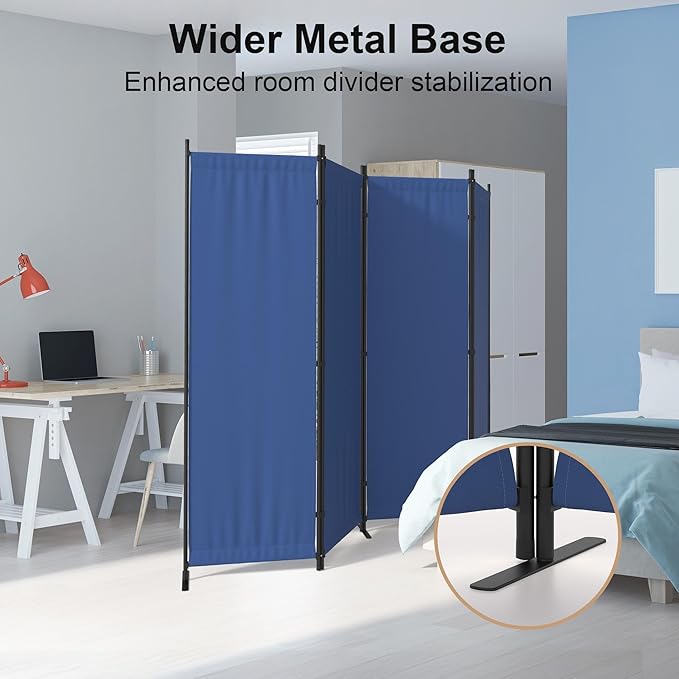 Room Partitions and Dividers 4 Panel Portable Wall w/ 3 Wider Feet Folding Room Divider 6FT Privacy Wall Indoor as Dressing Screen for Apartment School Office Children's Separate Rooms,Blue