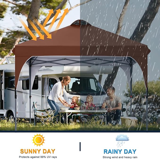 COOSHADE Pop Up Canopy Tent, 10x10 Easy Setup Instant Canopy Sun Shelter Beach Tent, Portable Sports, Brown