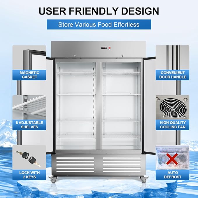 Commercial Freezer 54"W 2 Door Stainless Steel Reach-in Solid Door Upright Freezer Fan Cooling 49 Cu.ft Freezers -8-1°F for Restaurant, Bar, Shop