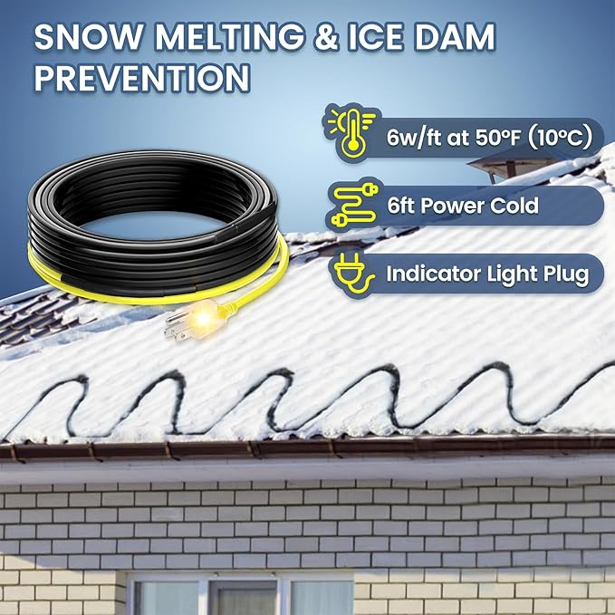 36 FT Gutter Heat Cable Kit, YeloDeer 6 W/FT Heat Tape for Roof and Gutters, Self-Regulating Roof Melt Heating Snow De-Icing Cable, 120V