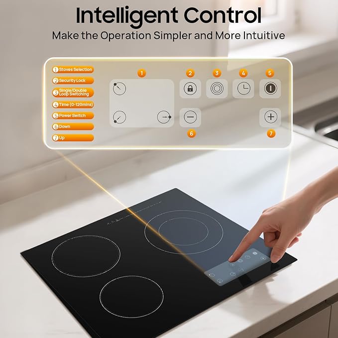 3 Burner Electric Ceramic Stove, 110V 9 Settings Cooktop LED Display Touch-Adjustable Control Stove Top for Glass Pot Stainless Steel Pot Casserole Pot Black