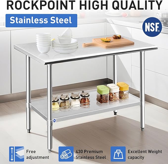 ROCKPOINT Stainless Steel Table for Prep & Work 24x30 Inches, NSF Metal Commercial Kitchen Heavy Duty Table with Adjustable Under Shelf and Table Foot for Restaurant, Home and Hotel