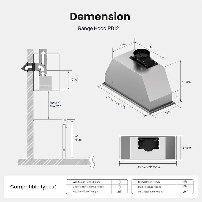 Range Hood Insert 30 Inch, 980 CFM Built-in Kitchen Vent Hood, Ducted/Ductless Convertible, Stainless Steel Range Hood with Gesture & Touch Control, Kitchen Hoods for Over Stove