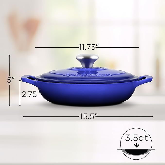 Signature Enameled Cast Iron Braiser, Non-Stick Serving Pot with Tight Fitting Lid for Perfect Roasting, Baking, Sauteing, Searing, and Pan Frying | 3.5Q (3.3L) - Indigo Blue