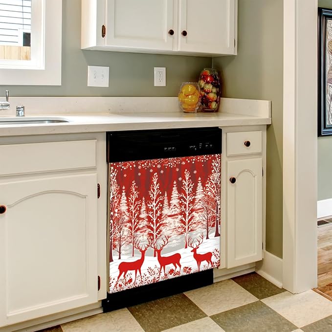 Christmas Forest Elk Dishwasher Magnet Cover, 23" W x 26" H Fridge Magnetic Stickers Reuseable Magnet Panel Decal Cover for Washing Machine Fridge Microwave Cabinet Kitchen Christmas Decoration